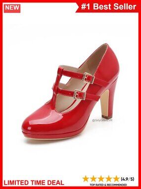 Patent Leather Mary Jane Heels Chunky Platform T-Strap Dress Pumps